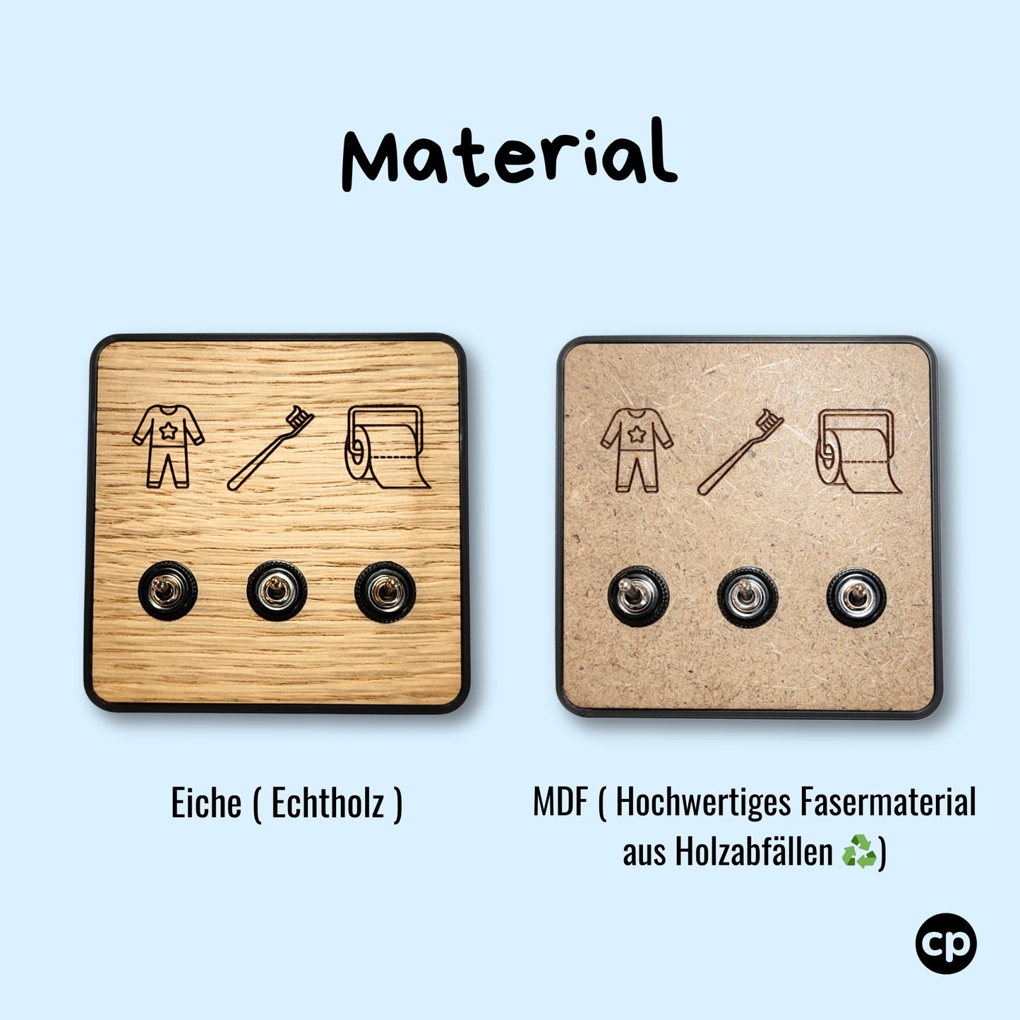 Clicpit Kids - das Routine Cockpit für Kinder. Wähle aus den zwei Varianten. Echtholz Eiche oder MDF Fasermaterial aus Holzabfällen. Recyclingholz- swiss made