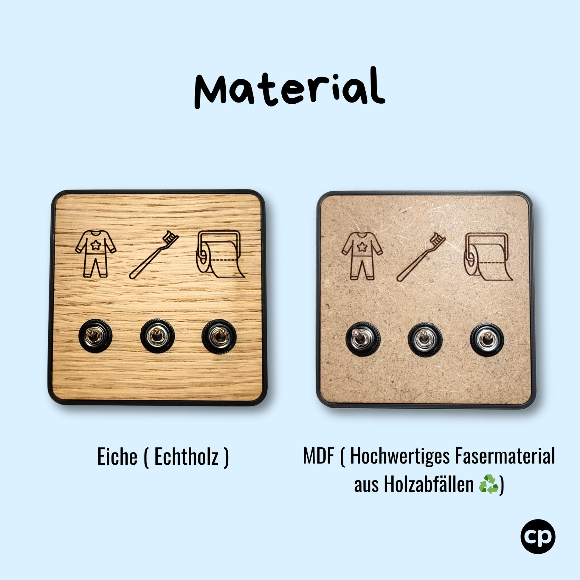 Clicpit Kids - das Routine Cockpit für Kinder. Wähle aus den zwei Varianten. Echtholz Eiche oder MDF Fasermaterial aus Holzabfällen. Recyclingholz- swiss made